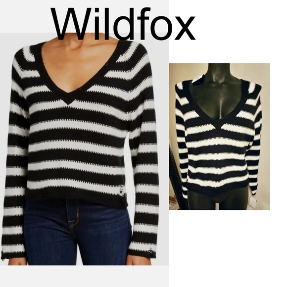 Wildfox Black White Striped V-Neck Long-Sleeve Sweater Top Size XS Org $259 - Picture 1 of 4